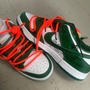 Off-White Green and White Sneakers with Neon Orange Laces